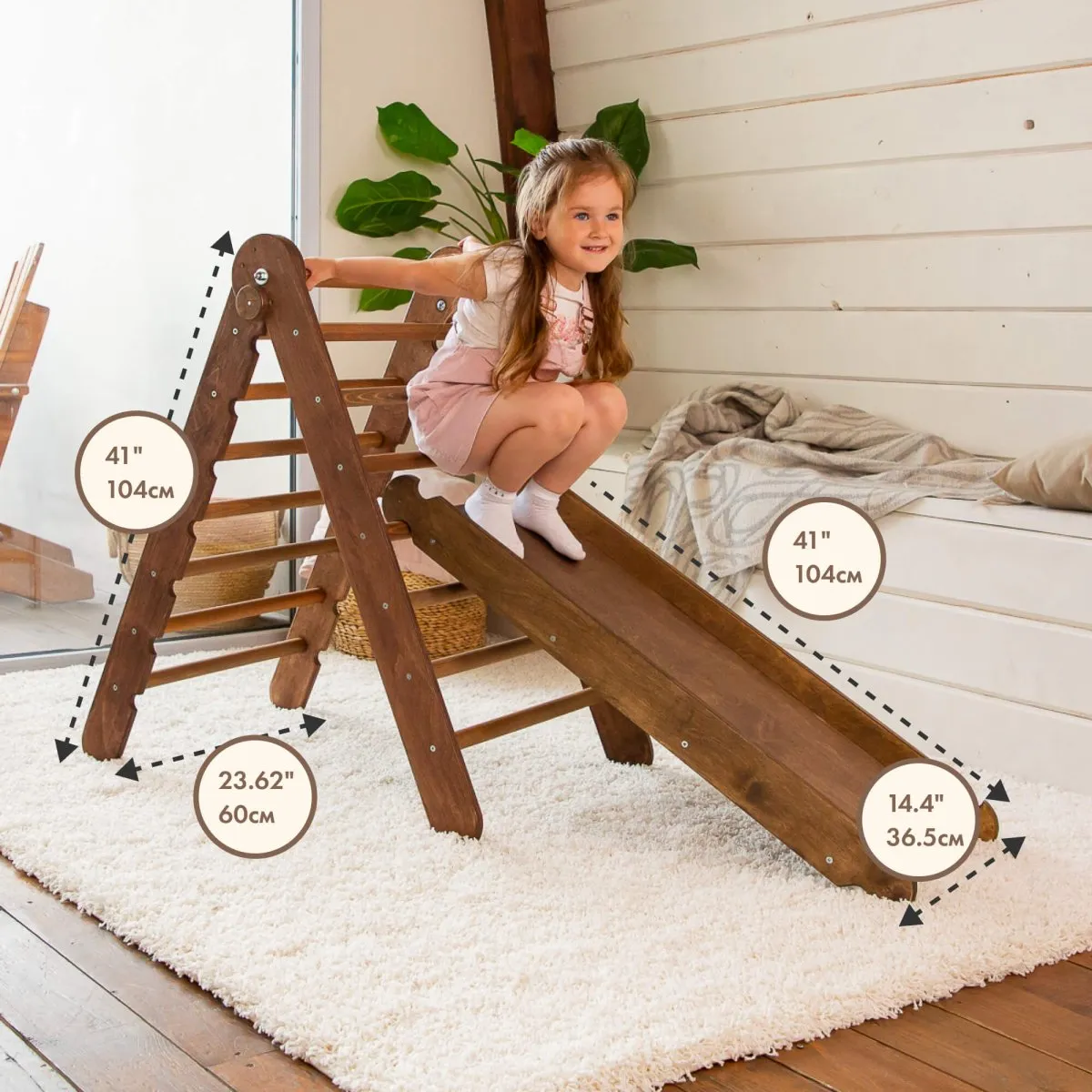 2in1 Montessori Climbing Frame Set: Triangle Ladder   Slide Board/ramp – Chocolate