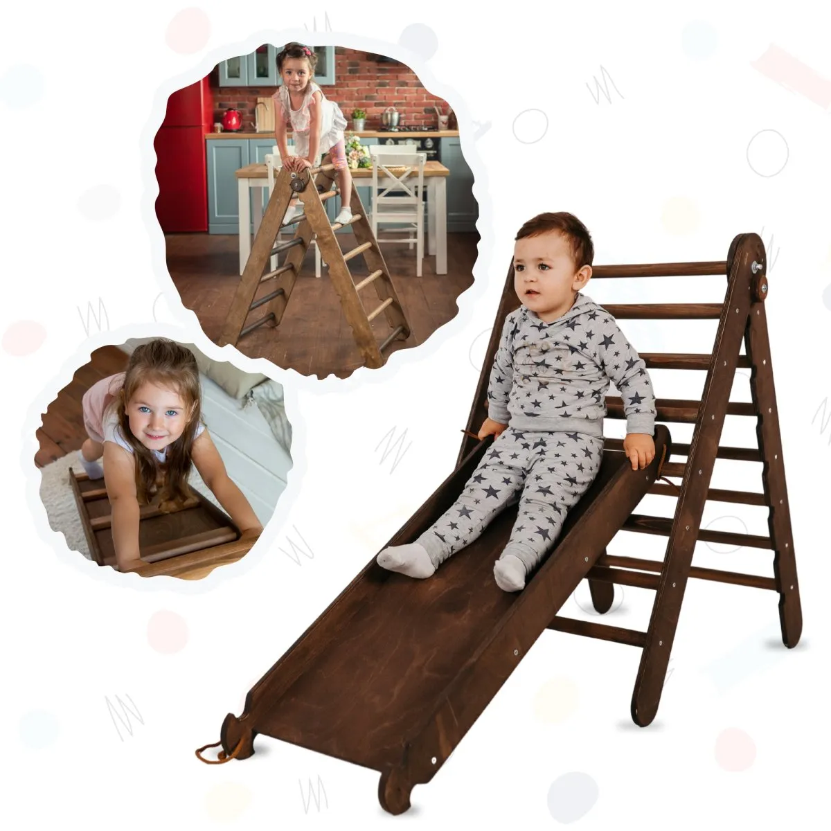 2in1 Montessori Climbing Frame Set: Triangle Ladder   Slide Board/ramp – Chocolate