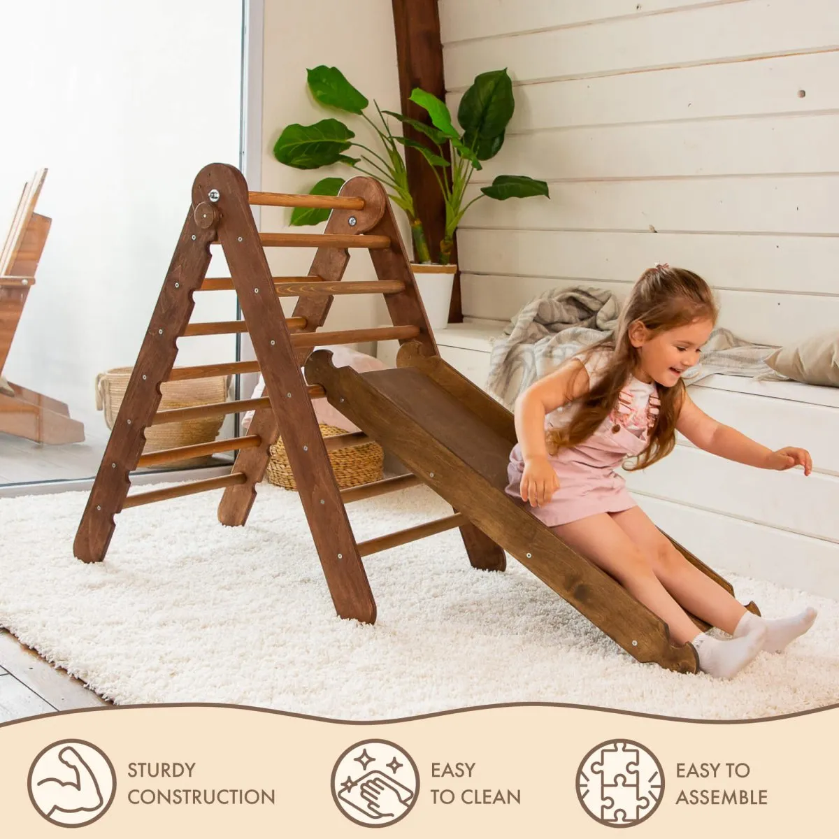 2in1 Montessori Climbing Frame Set: Triangle Ladder   Slide Board/ramp – Chocolate