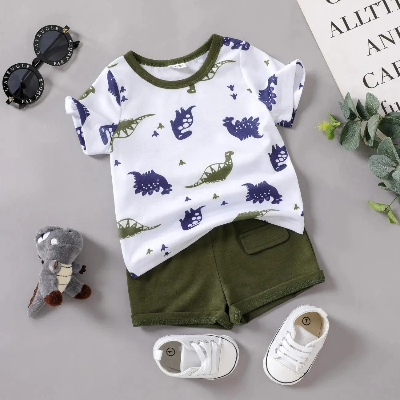 Dinosaur Print Short-sleeve Tee & Solid Shorts Set- Infant Boy (2pcs)