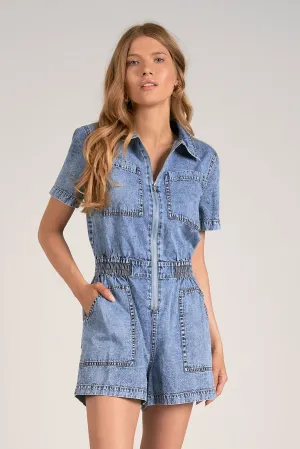 Elan Denim Short Sleeve Zip Front Romper