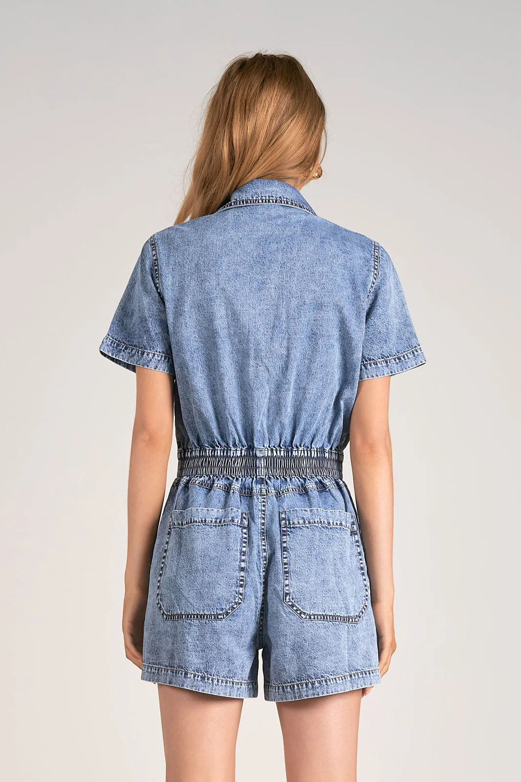 Elan Denim Short Sleeve Zip Front Romper