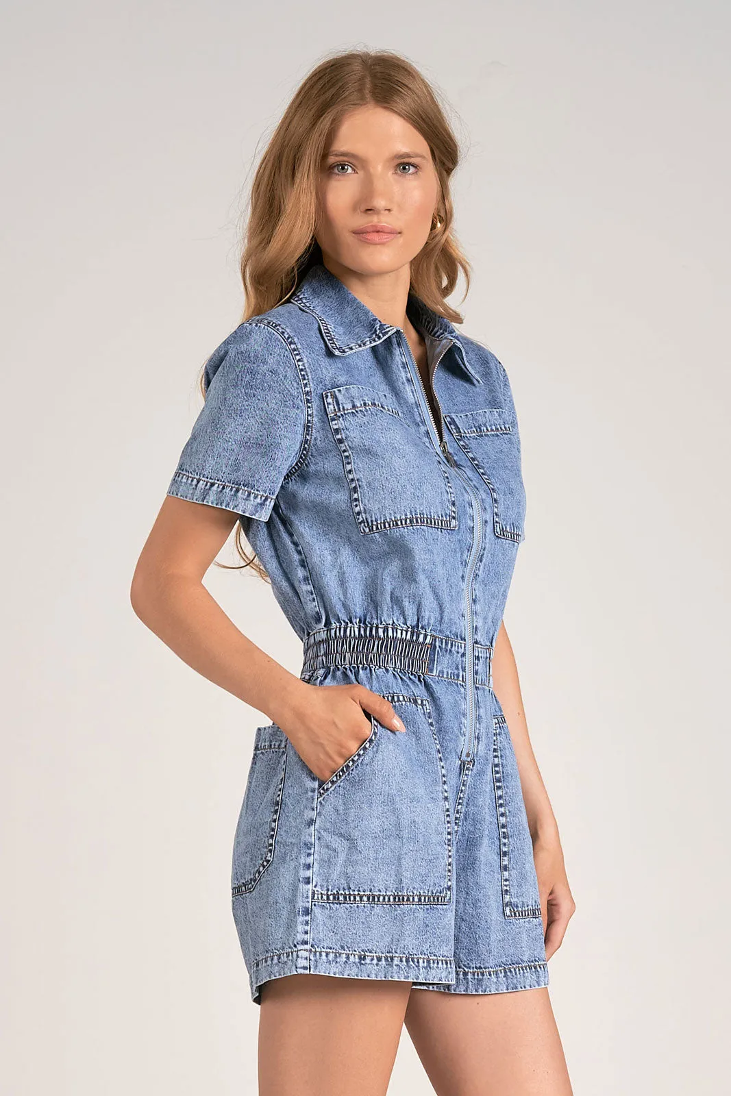 Elan Denim Short Sleeve Zip Front Romper