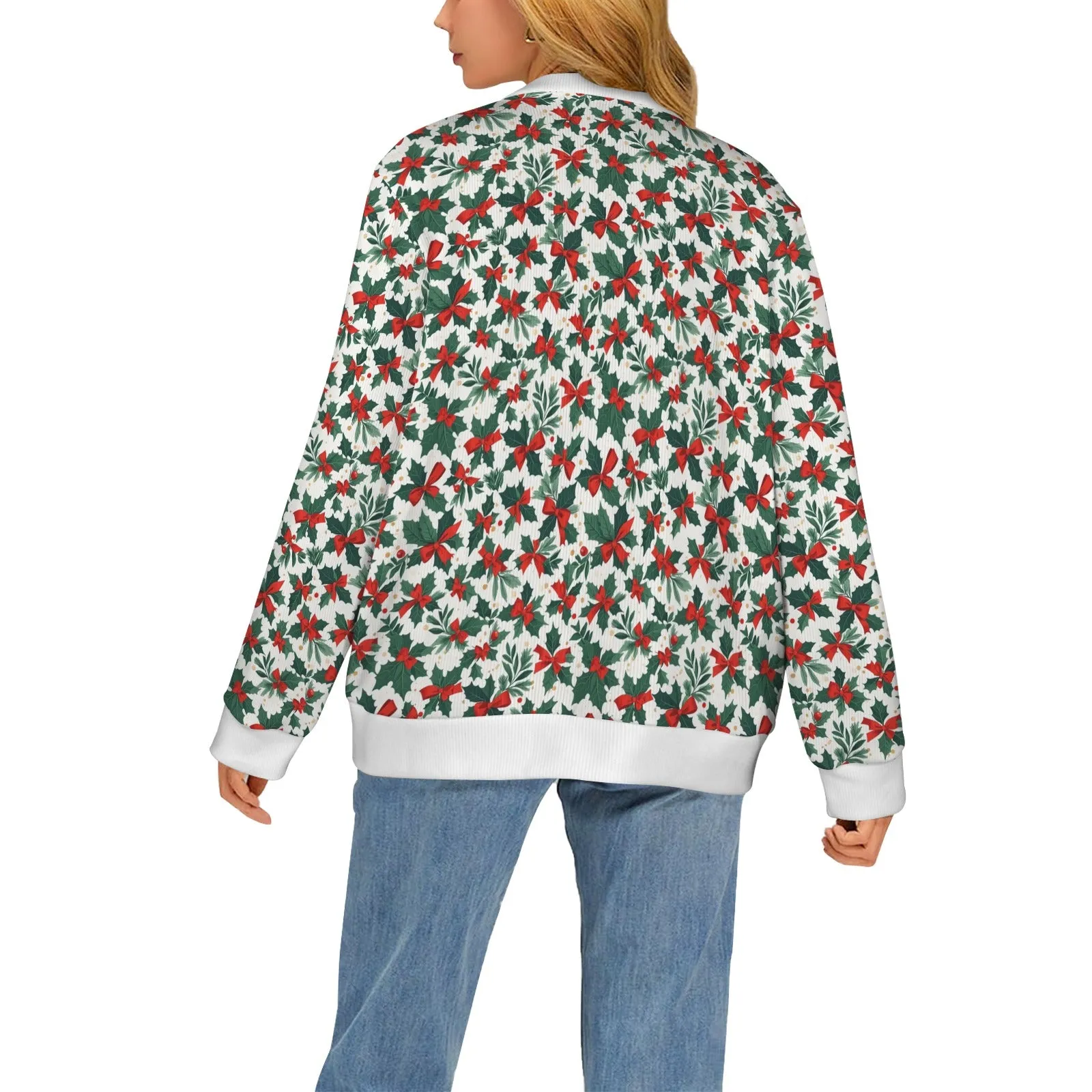 Holly Bow Women's Cardigan Button Sweater Custom Women's Cardigan (Model H73)