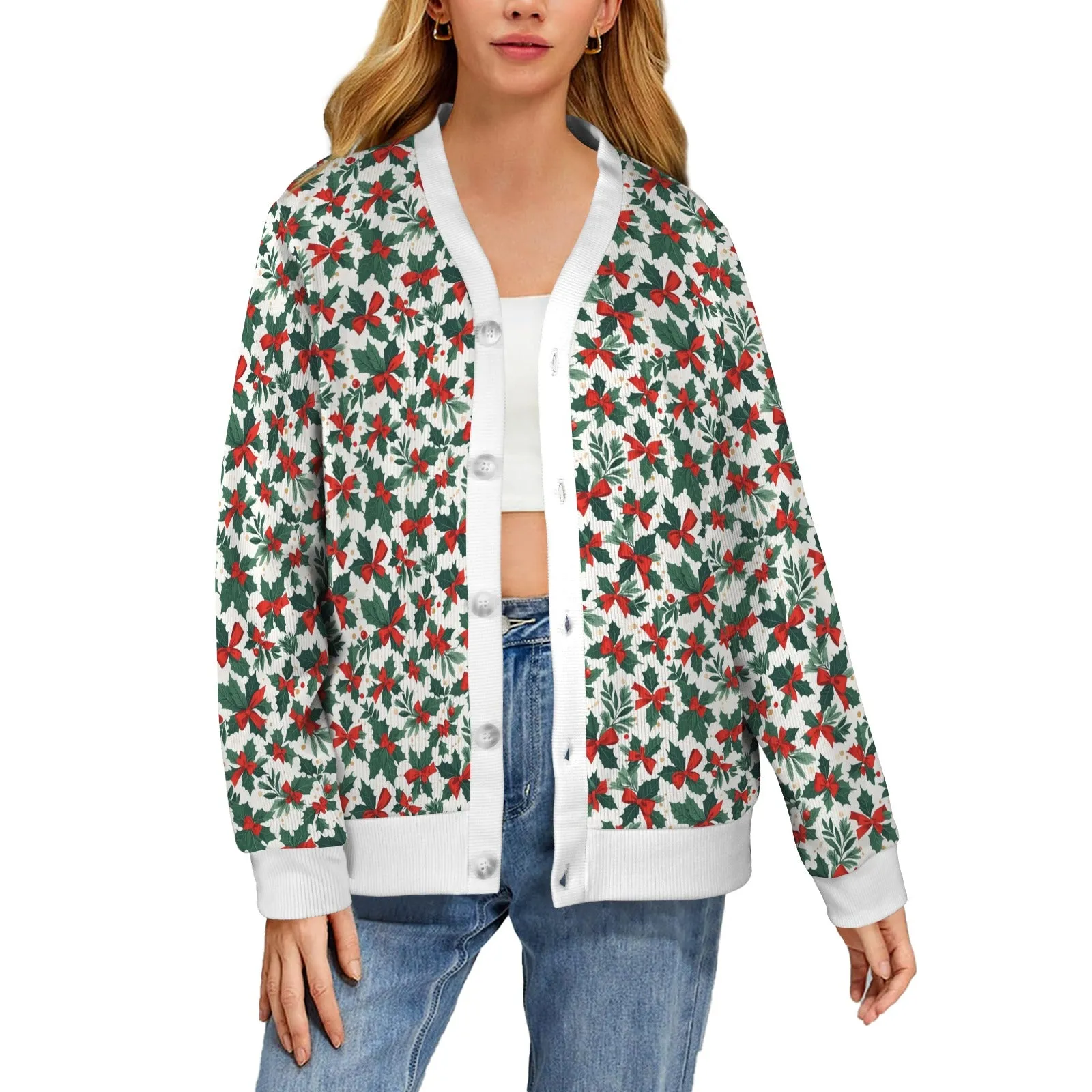 Holly Bow Women's Cardigan Button Sweater Custom Women's Cardigan (Model H73)