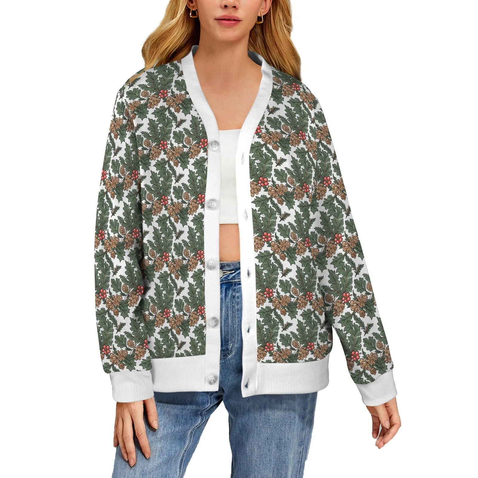 Holly Pine Women's Cardigan Button Sweater Custom Women's Cardigan (Model H73)