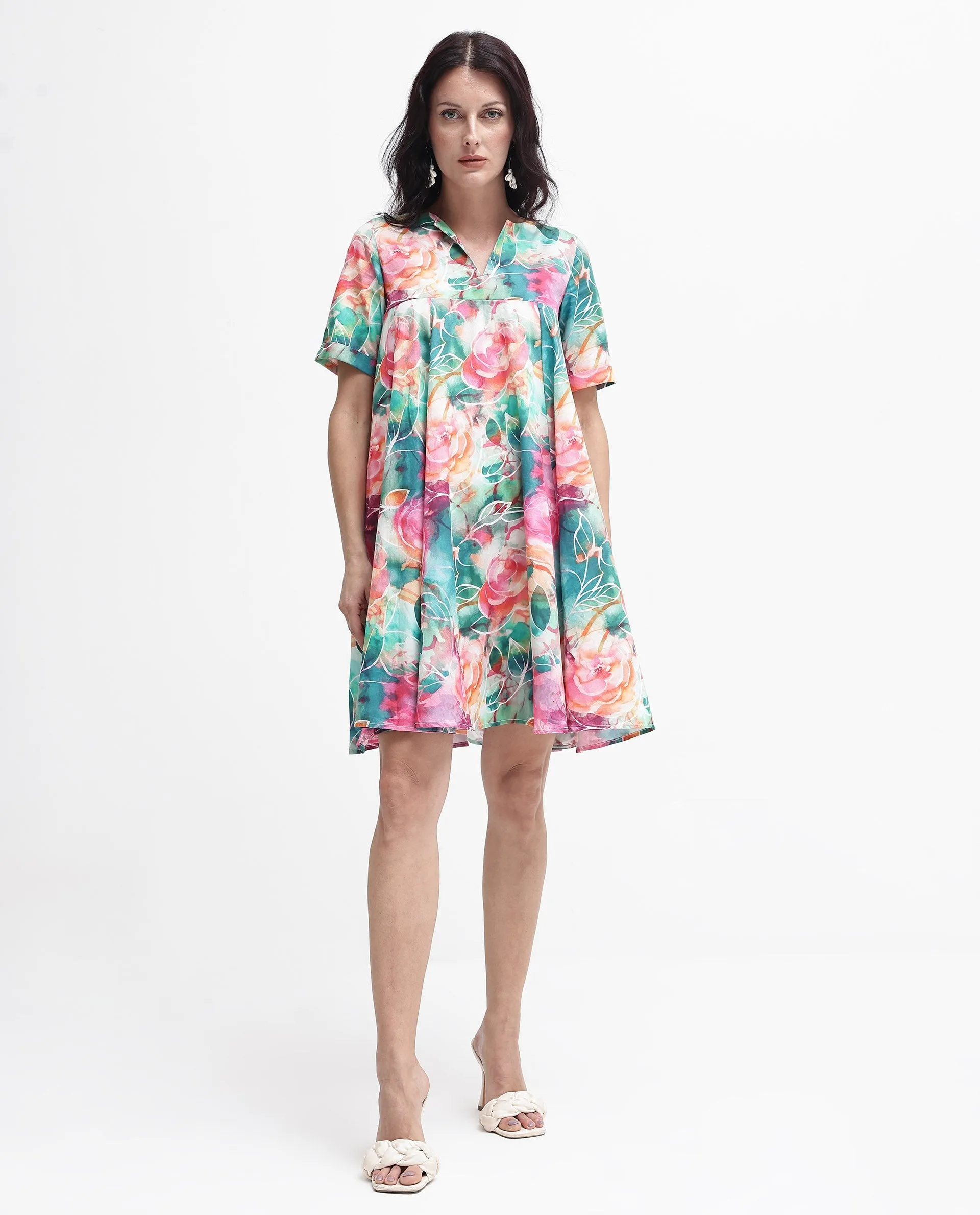 Rareism Women Enderson Multi Cotton Short Sleeve Crew Neck Fit And Flare Floral Print Knee Length Dress