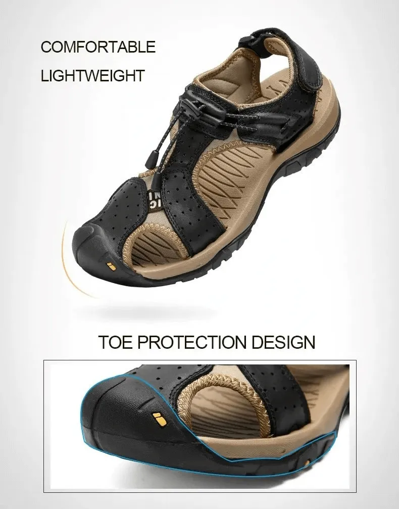 Sporty Leather Casual Men's Sandals with Adjustable Buckles - SF1418