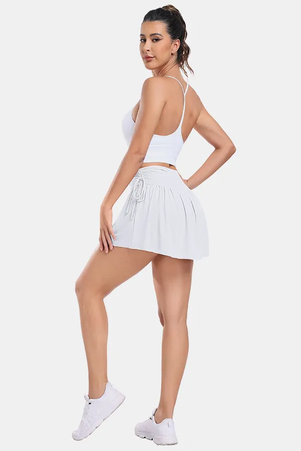 White High-Waisted Side Drawstring Tennis Skirt Sports Skirt