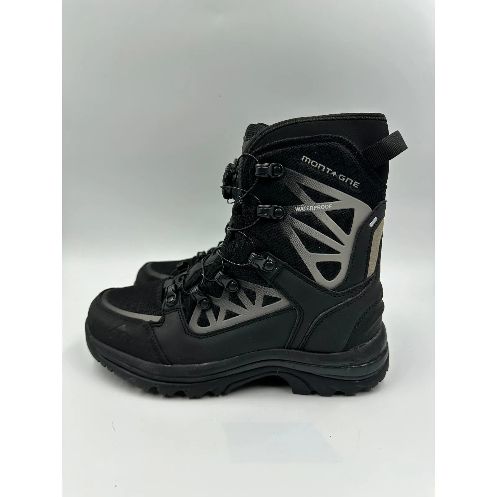 Women's size 7, Black High Top Hikers w/ Black and Gray Geometric Pattern